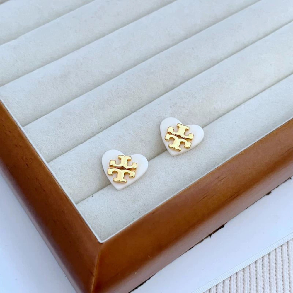 Tory Burch White Resin Heart Metal Letter Inlay Stud Earrings